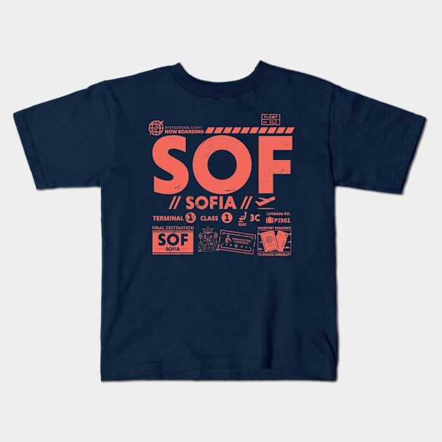 Vintage Sofia SOF Airport Code Travel Day Retro Travel Tag Bulgaria Kids T-Shirt by Now Boarding